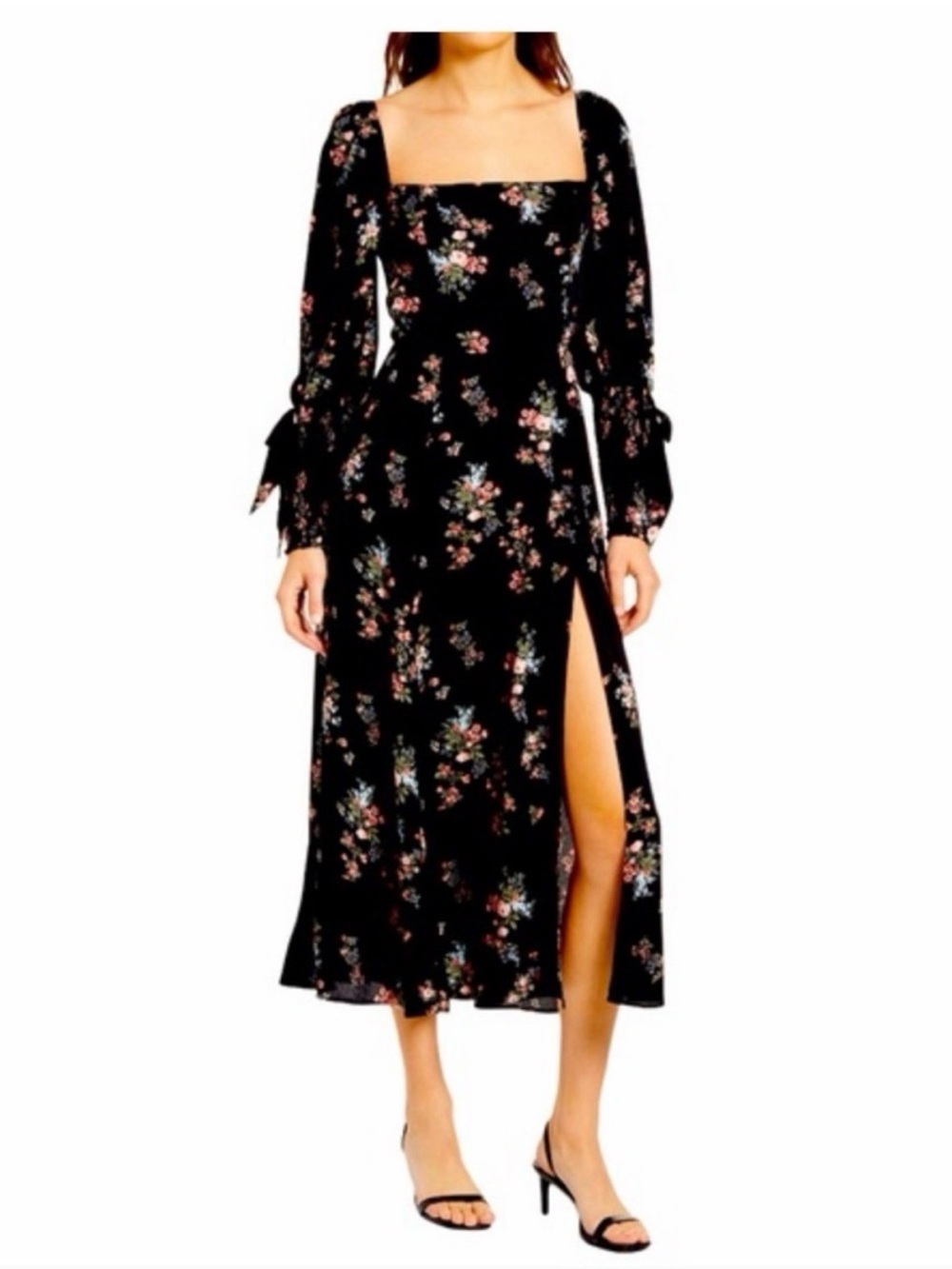 Reformation Black Floral Smocked Long Sleeve Midi Dress